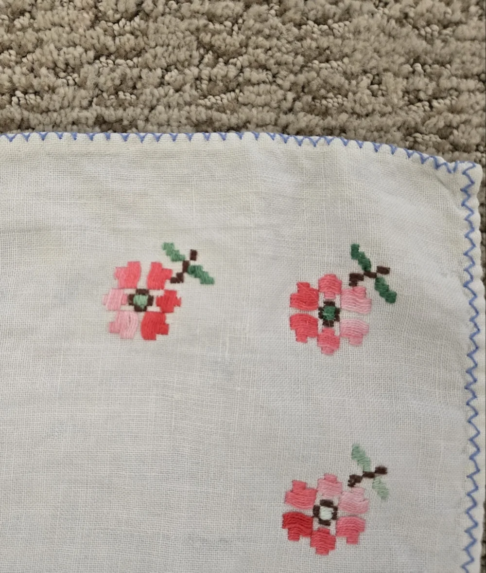 White Linen Napkin Or Handkerchief with Pink Floral Embroidery